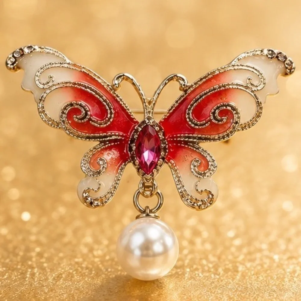 Enamel Butterfly Brooch Gold Tone Filigree Red Crystal Dangle Pearlescent Pin